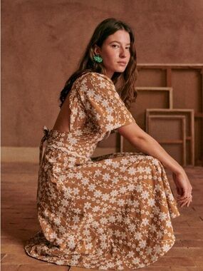Sezane Robe Lucinda Dark Orange and White Floral Embroidery Midi Dress